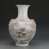 大清乾隆粉彩雪景獸耳尊古董古玩收藏真品彩繪花瓶老物件瓷器擺件