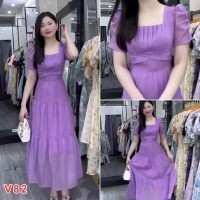 Váy Maxi Dáng Dài, Váy Tím Maxi Biển, Váy Maxi Cổ Vuông Tay Bồng Xếp Ly Nhẹ Nhàng Sang Trọng - V82