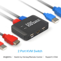 2 Port USB KVM Switch Box USB 2.0 Switcher HD KVM Switch Splitter For TWO PCs Sharing with Cables Support U Disk Read