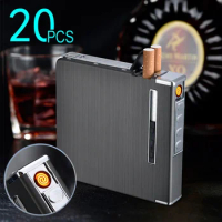 Portable Automatic Cigarette Case With Lighter 20Pcs Capacity Metal Cigarette Boxes Windproof USB Charging Box Cigarette Holder