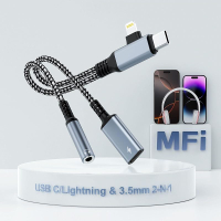 2 in-2 Lightning USBC to 3.5mm Headphone and Charger Adapter [MFi Certified] USB C to Aux Audio Jack