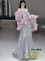 禮服銀色亮片晚禮服敬酒服新娘新款粉色羽毛披肩婚禮秋冬款高級感-Misaki精品