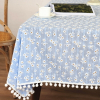 法式小雛菊藍色桌布 (90*140cm) 田園風長方形棉麻日系餐桌巾