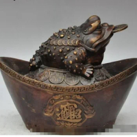 11" chinese bronze golden toad bufo frog wealth money coin ingot yuanbao statue