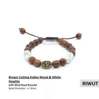 RIWUT Gelang Kayu Kokka Cutting Bulat Coklat & Batu Howlite Putih with