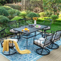 7 Pcs Patio Furniture Set, Metal Patio Outdoor Dining Set for 6 People, Rectangular Patio Table and Swivel Chairs