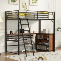 Twin Size Loft Bed,Metal bed with 3 Layers of Shelves and L-shaped Desk,Multifunctional bed for Kids,youth,Easy Assembly