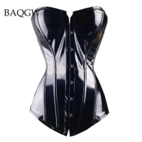 Sexy Strapless Women PVC Bandages Overbust Corset Steampunk Lingerie Top-Goth Corset Sexy Black PU Leather Slim Waist Trainer