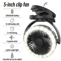 10000mAh 5-Inch Rechargeable Battery Operated Clip on Fan Portable Camping Ceiling Fan Timing Air Circulating Fan with LED Light