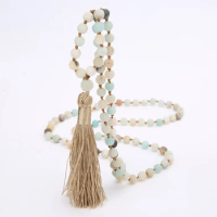 Long Beaded Necklace, 6mm Mattle Amazonite Beaded Jewelry Gifts For Couple Friendship-Style,108 Mala Beads Rosary