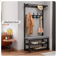 落地衣架鞋櫃鞋凳一體組合【60CM衣帽架+鞋凳【黑架-灰色】（尺寸：60*33*172CM） 