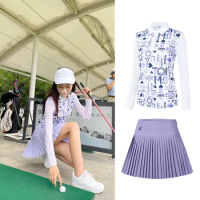 Love Golf Women Ice Silk Sunscreen Long Sleeve T-shirt Ladies Golf Printed Top Pleated Skirt Short Skort Breathable Golf Wear