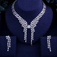 Newest Luxury Sparking Brilliant Cubic Zircon Clear Earrings Necklace Heavy Dinner Jewelry Sst Wedding Bridal Dress Accessories