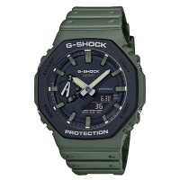 【CASIO 卡西歐】G-SHOCK 街頭時尚八角形雙層錶圈雙顯錶-軍綠X黑(GA-2110SU-3A)