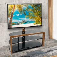 TV Cabinet 32-65" Corner Floor TV Stand with Swivel Bracket 3-Tier Tempered Glass Shelves Wood&amp;Black[US-Stock]