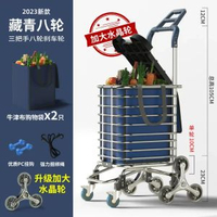 捷安璽購物車買餸車小拉車家用爬樓神器摺疊便-【帶蓋可坐雙袋升級款三把手】帶剎車 八輪加固兩用藏青 加大水晶輪 均碼-款式15