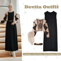 Devita Outfit BW52 | OOTD Set Cardigan + Inner Dress + Ikat Pinggang + Hijab | one set wanita kekini