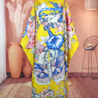 Kuwait Fashion Blogger Recommend New Printed Twill Silk Loose Kaftan Dress Traditional African Femme Summer Robe for Lady