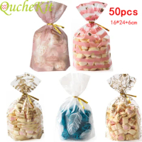 50pcs Flower Design Plastic Bag Christmas Gift Bags Birthday Wedding Cookie Candy Bags 2019 New Years Wrapper Pouches