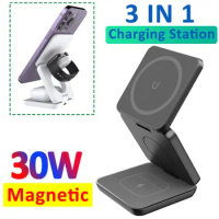 30W 3 in 1 Magnetic Wireless Charging Station For Apple Watch 7 6 Samsung Galaxy Watch 6 5 4 Active 2 For iPhone Samsung Charger
