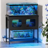 40 Gallon Fish Tank Stand with Magic Power Outlet &amp; Smart LED Lights, Aquarium Stand with Locker, Heavy Duty Metal Frame