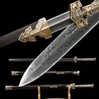 Chinese Kungfu Battle Sword, Han Dynasty Liu Bang jian, Handmade Multi Refined Satrfish Patterned Steel Blade, Ebony Sheath