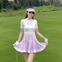 Golf T-shirt Bloom Pleated Skirt High Quality Girls Elegant Short Sleeve Shirt Women Purple Lace High-waist Skort Golf Wear Set