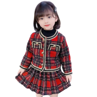 【橘魔法】學院風黑紅格紋編織毛呢長袖外套+短裙 (套裝 外套 女童 童裝 兒童 聖誕節 過年)