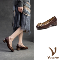【Vecchio】真皮跟鞋 粗跟跟鞋/真皮羊皮小方頭金屬雙圈飾件粗跟鞋(咖)