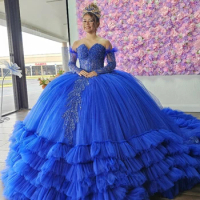 Blue Sweetheart Luxury Long Sleeved Quinceanera Dress 2024 Lace Beads Tull Tiered Ball Gown Charro Mexican Dress vestidos de 15