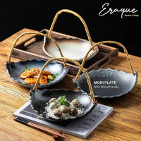 Mori Plate Wood Handle / Piring Saji Keramik Jepang Gagang Kayu Rotan