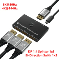 3 port 8K DisplayPort Switch Splitter 1x3 Bi-Direction DP 1.4 Switcher 8K@30Hz 4K@144Hz for Switch Multiple Source and display