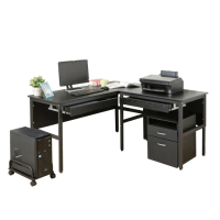 【DFhouse】頂楓150+90公分大L型工作桌+2抽屜+主機架+活動櫃-黑橡木色