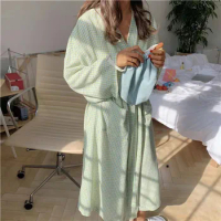 Plaid Robe for Women with Belt Sleepwear Nightdress Autumn Night Wears Pajama Nightgown Green Long Sleeve Homewear Japanese 2024