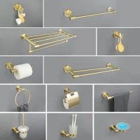 Brushed Gold Bath Wall Mount Stainless Steel Towel Bar Holder Toilet Roll Holder Bathrobe Hook Hanger Towel Holder Hardware Kit