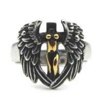 Golden Body Angel Ring 316L Stainless Steel Jewelry Punk Biker Cross Wings From US Size 7-13