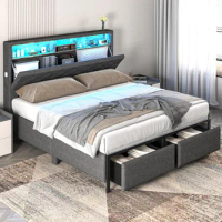 LED Bed Frame with Headboard, Queen Platform Bed Frames with Storage Drawers and Charging Station, Queen Size Bed Frame
