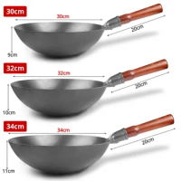 Wok Pan,No Chemical,Chinese Traditional Iron Wok With Detachable Wood Handle,Scratch Resistant Hand Hammered Pan Kitchen Cookwar