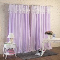 韓式粉色純色臥室飄窗成品窗簾布藝半遮光蕾絲紫色公主包郵
