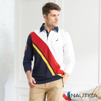 【NAUTICA】斜身撞色拼接長袖POLO衫(藍白)