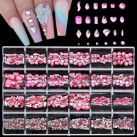 2200-2500Pcs Luxury Shiny Pink Diamond Nail Art Rhinetone 18Grids Mixed-Shape Crystal+ss4-ss16 Mini Round Diamond Box Nail Glass