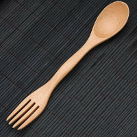 雙頭實木沙拉勺叉日式木制餐具兒童飯勺調羹木質長柄勺叉一體兩用