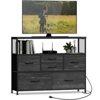 Simoretus TV Stand with Power Outlet and Fabric Drawers Entertainment Center for TV up to 45 inch Industrial Open Storage Shelf