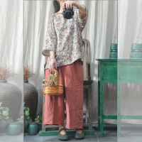 Pullover shirt, double-layer top, artistic round-neck original print t-shirt, vintage cotton-linen w