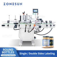 ZONESUN Round Bottle Labeling Machine ZS-TB260S Automatic Glass Plastic Bottle Label Applicator Beverages Jar Vial Packaging