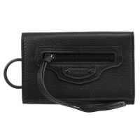 【Balenciaga 巴黎世家】經典鉚釘造型質感皮革流蘇信用卡名片零錢卡包(黑)