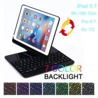 360 Rotation for iPad 2017 2018 Pro 9.7 Air 2 Case with Keyboard 7 Color Backlit Wireless Blutooth for iPad 9.7'' Keyboard Cover