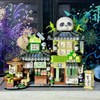 Compatible with LEGO Bricks Panda Tea Room Bear Coffee Shop Street View Building Model DIY Assembly 