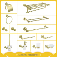 Brushed Gold Stainless Steel Wall-Mounted Towel Bar Toilet Paper Holder Robe Hook Cup Holder Toilet Brush Bathroom Accessories