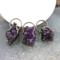 Antique Brass Wrapped Natural Amethyst Geode Druzy Nugget Pendant,Reiki Purple Crystal Necklace DIY Jewelry Gift Accessories